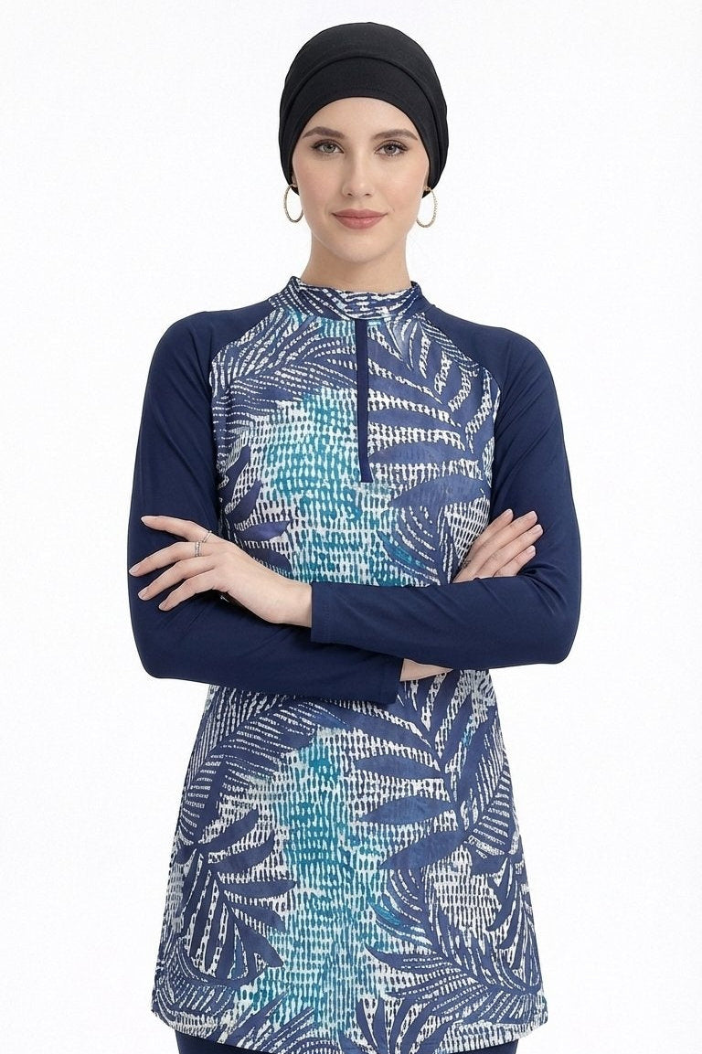 Yara Modest Burkini 3-Piece Elegant Ruched Design Swim Set With Turban-Navy Leaf Print