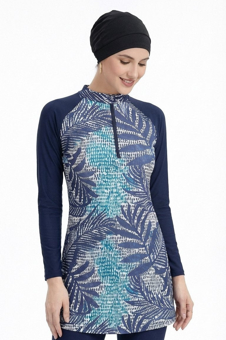 Yara Modest Burkini 3-Piece Elegant Ruched Design Swim Set With Turban-Navy Leaf Print