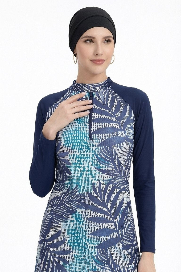 Yara Modest Burkini 3-Piece Elegant Ruched Design Swim Set With Turban-Navy Leaf Print