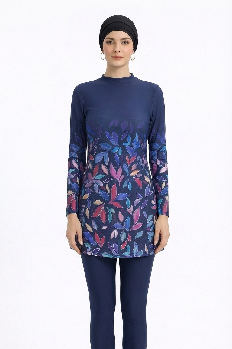 Liyana Modest Burkini 3-Piece Elegant Ruched Design Swim Set With Turban-Navy Floral Print