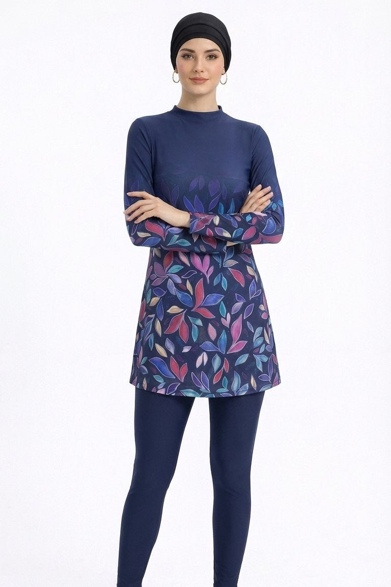 Liyana Modest Burkini 3-Piece Elegant Ruched Design Swim Set With Turban-Navy Floral Print