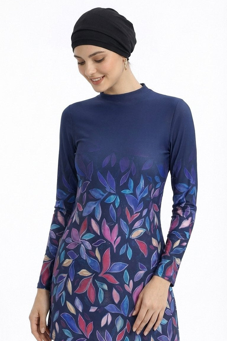 Liyana Modest Burkini 3-Piece Elegant Ruched Design Swim Set With Turban-Navy Floral Print