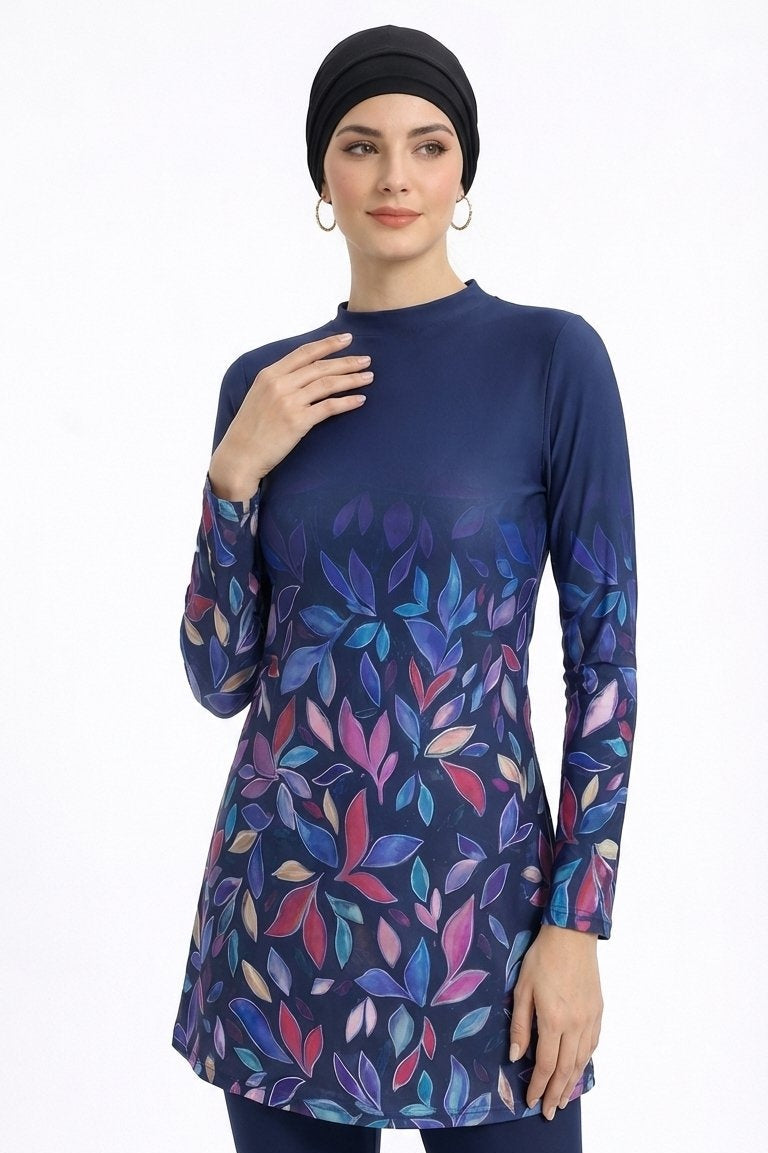 Liyana Modest Burkini 3-Piece Elegant Ruched Design Swim Set With Turban-Navy Floral Print