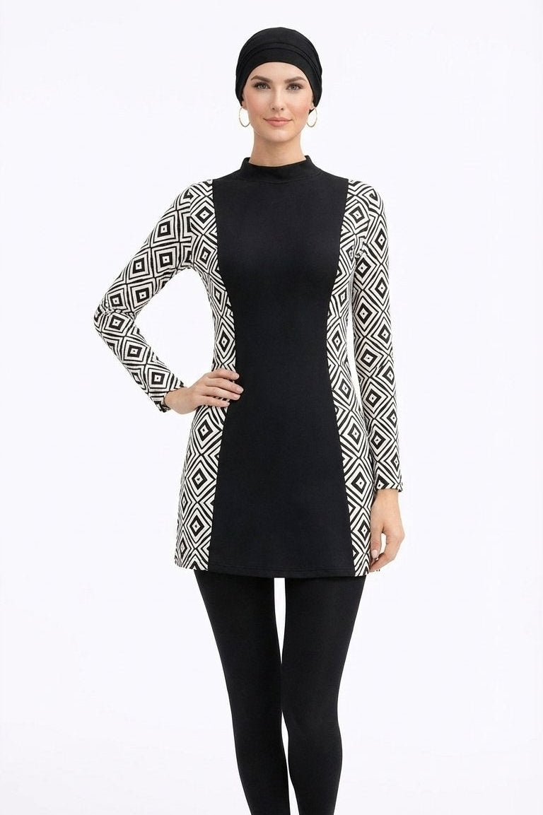 Dania Modest Burkini 3-Piece Elegant Ruched Design Swim Set With Turban-Black Geometric Print