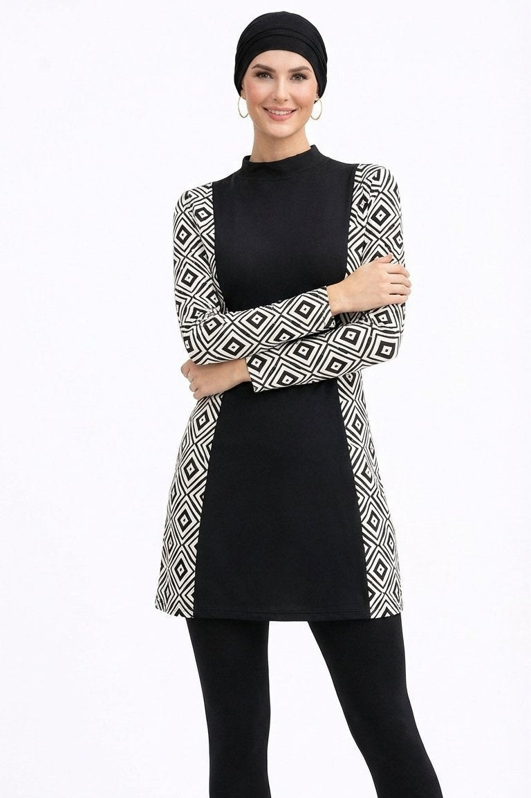 Dania Modest Burkini 3-Piece Elegant Ruched Design Swim Set With Turban-Black Geometric Print