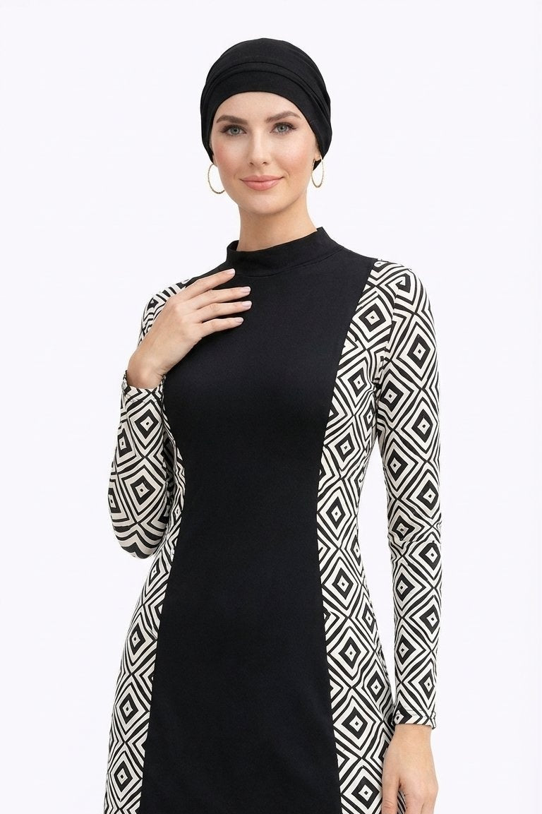 Dania Modest Burkini 3-Piece Elegant Ruched Design Swim Set With Turban-Black Geometric Print