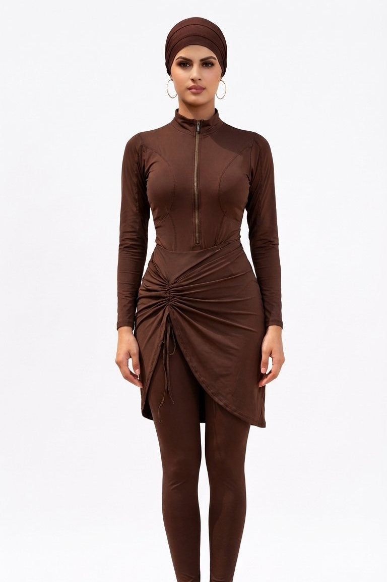 Inaya Modest Burkini 3-Piece Full Coverage Swim Set-Chocolate Brown