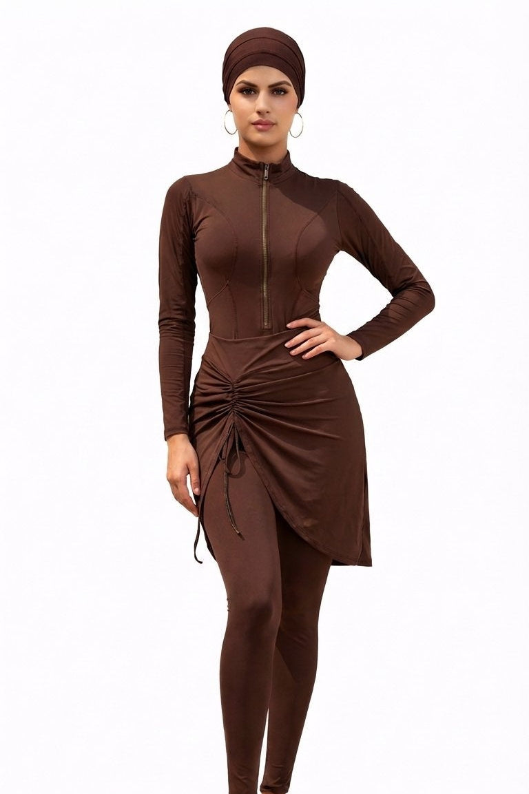 Inaya Modest Burkini 3-Piece Full Coverage Swim Set-Chocolate Brown