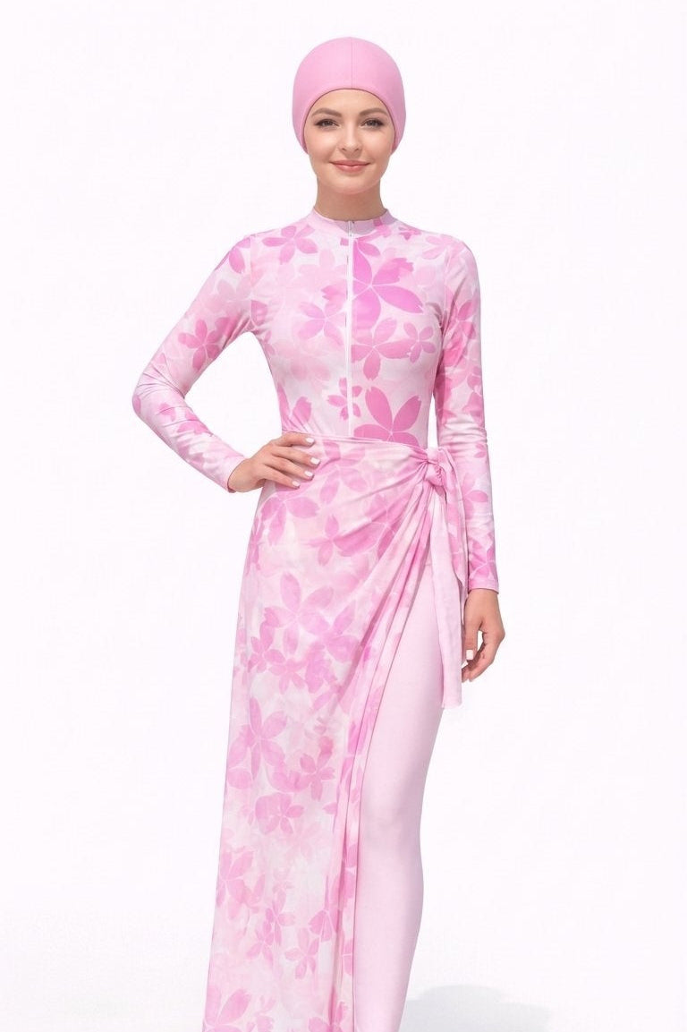 Joud Modest Burkini 3-Piece Full Coverage Swim Set-Pink Blossom Print