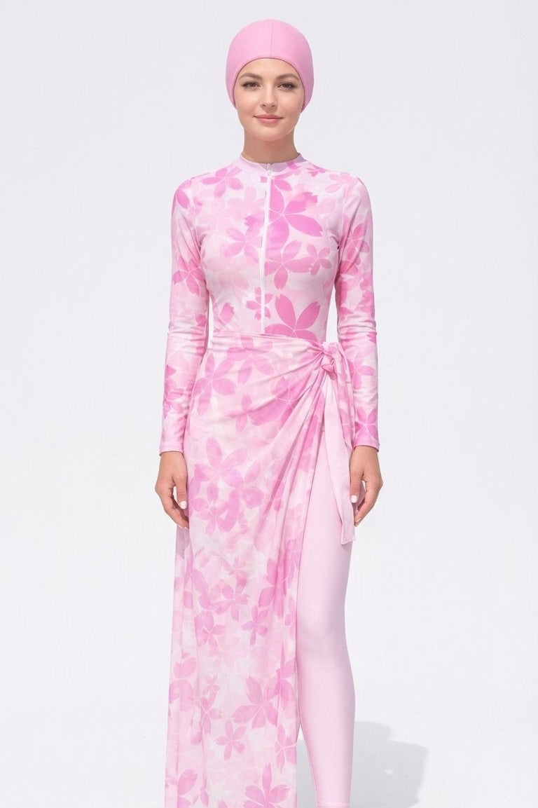 Joud Modest Burkini 3-Piece Full Coverage Swim Set-Pink Blossom Print