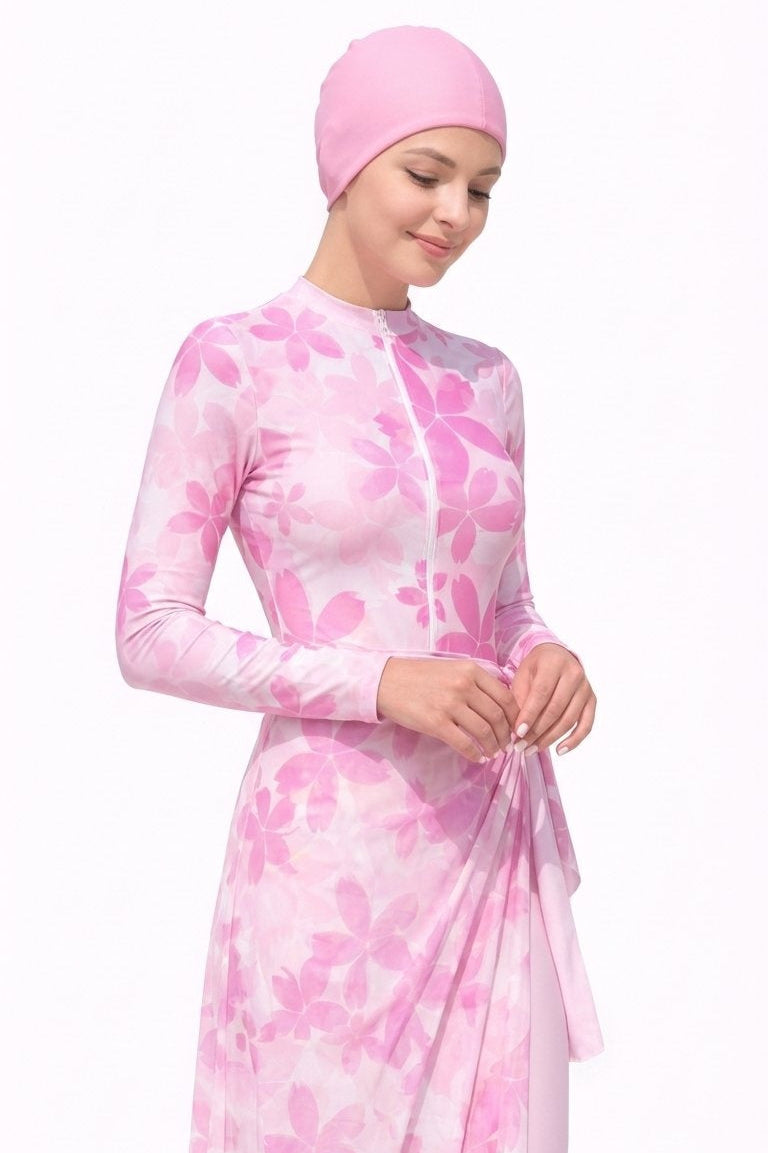 Joud Modest Burkini 3-Piece Full Coverage Swim Set-Pink Blossom Print