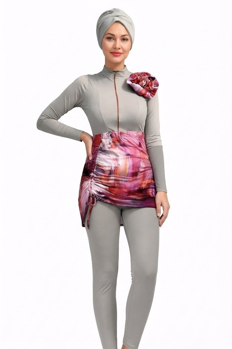 Sama Modest Burkini 3-Piece Full Coverage Swim Set-Ash Grey Print