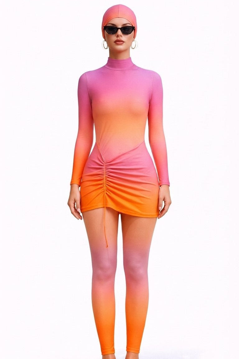 Jumana Modest Burkini 3-Piece Full Coverage Swim Set-Pink to Orange Gradient