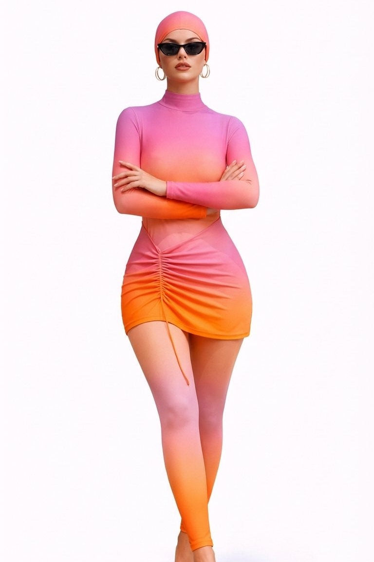 Jumana Modest Burkini 3-Piece Full Coverage Swim Set-Pink to Orange Gradient