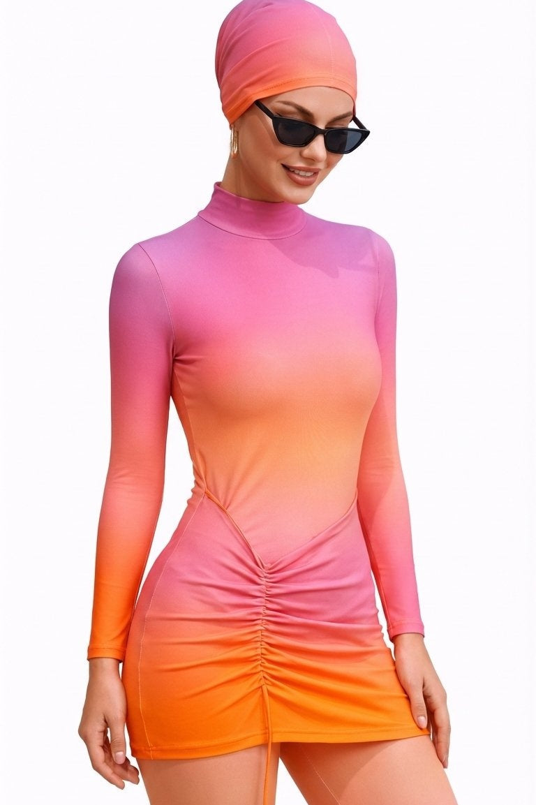 Jumana Modest Burkini 3-Piece Full Coverage Swim Set-Pink to Orange Gradient