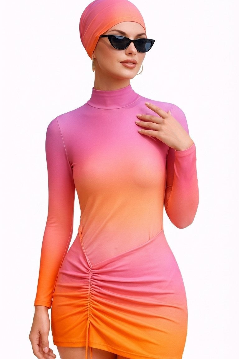 Jumana Modest Burkini 3-Piece Full Coverage Swim Set-Pink to Orange Gradient