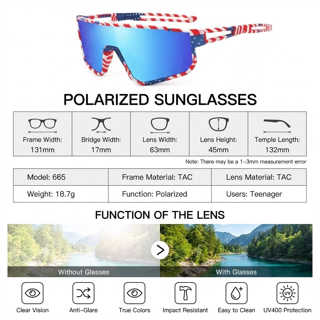 USA Flag Frame Kids Outdoor Sports Sunglasses UV Protection- Blue Lens