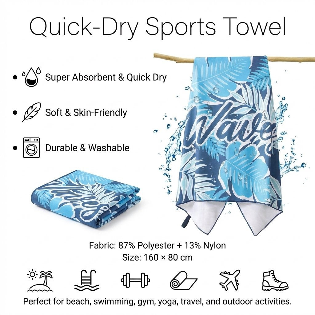 Letter Print Portable Quick-Dry Beach Towel Soft Double-Sided Sports Towel-Dark Blue