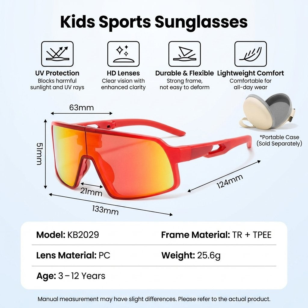 Flexible Foldable Kids UV400 Sports Sunglasses With Case-Grey & Red Frame