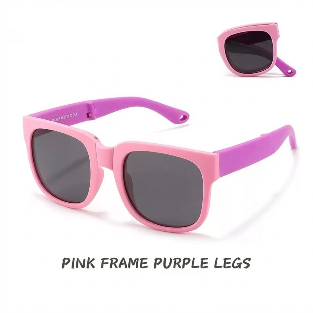 Kids Foldable UV400 Sports Sunglasses With Case-Pink Frame / Purple