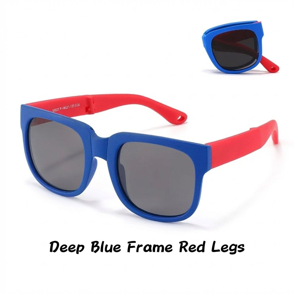 Kids Foldable UV400 Sports Sunglasses With Case-Deep Blue Frame/ Red
