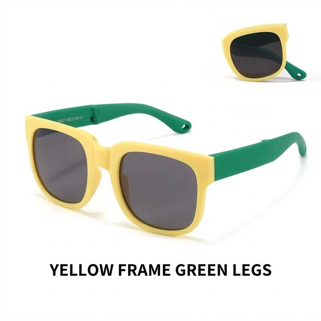 Kids Foldable UV400 Sports Sunglasses With Case-Yellow Frame/ Green