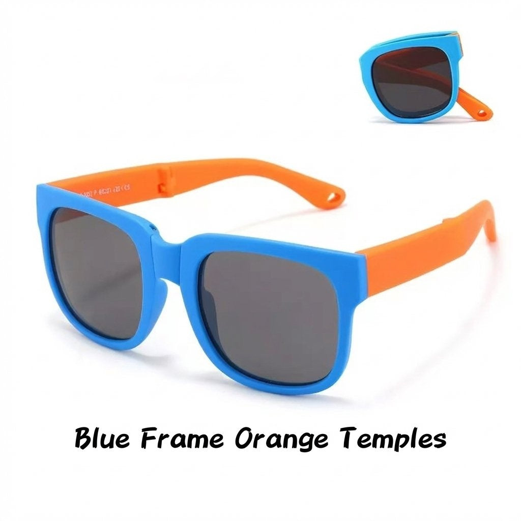 Kids Foldable UV400 Sports Sunglasses With Case-Blue Frame/ Orange