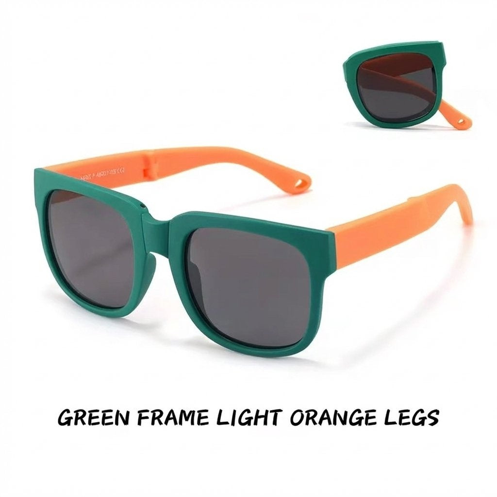 Kids Foldable UV400 Sports Sunglasses With Case-Green Frame/Light Orange