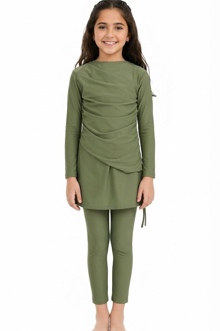 Lina 3-Piece Kids' Modest Swimsuit-Olive Green