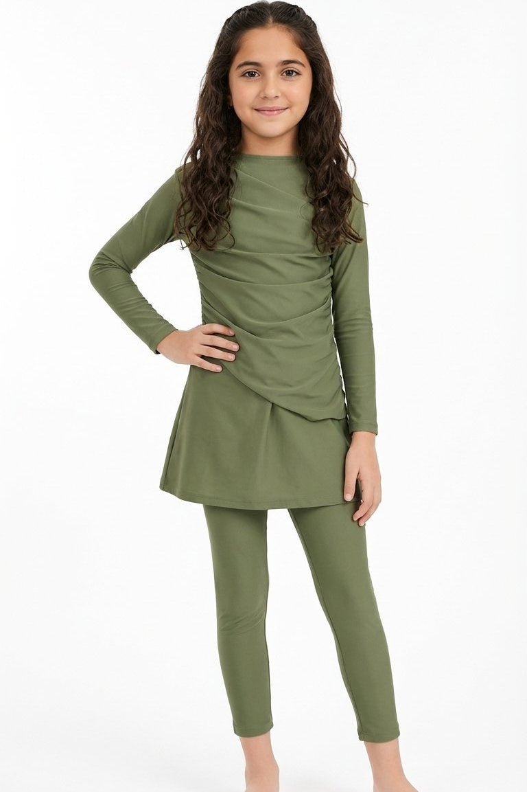 Lina 3-Piece Kids' Modest Swimsuit-Olive Green