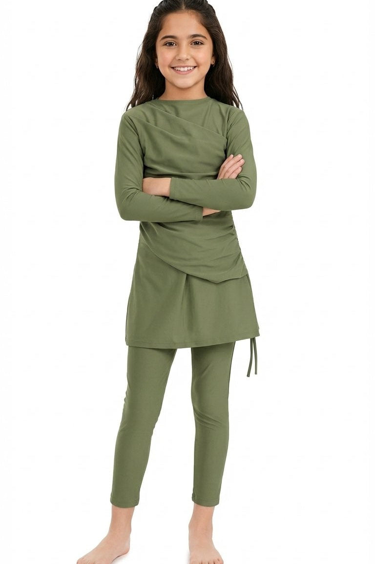 Lina 3-Piece Kids' Modest Swimsuit-Olive Green