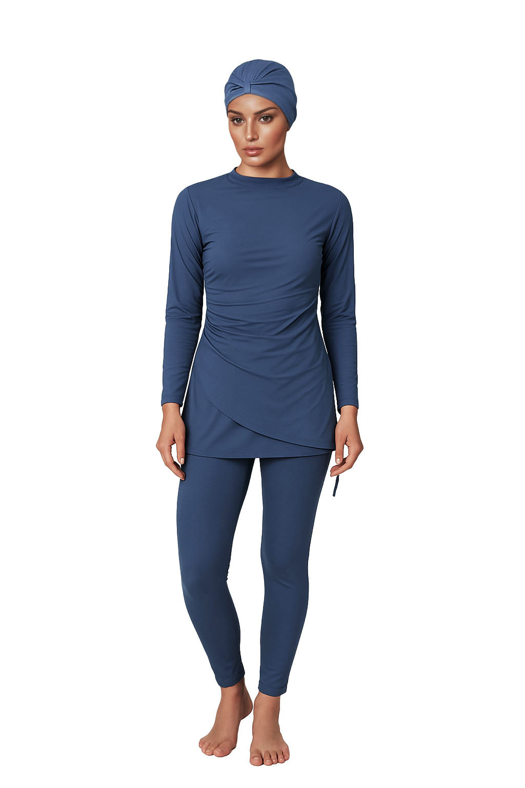 Lina Modest Burkini 3-Piece Elegant Ruched Design Swim Set  – Slate Blue Drape