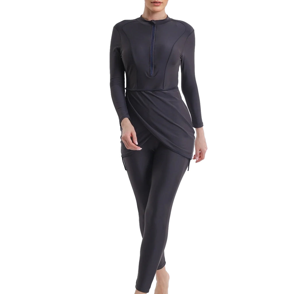 Zehra Modest Burkini 3-Piece Full Coverage Swim Set - Charcoal Black