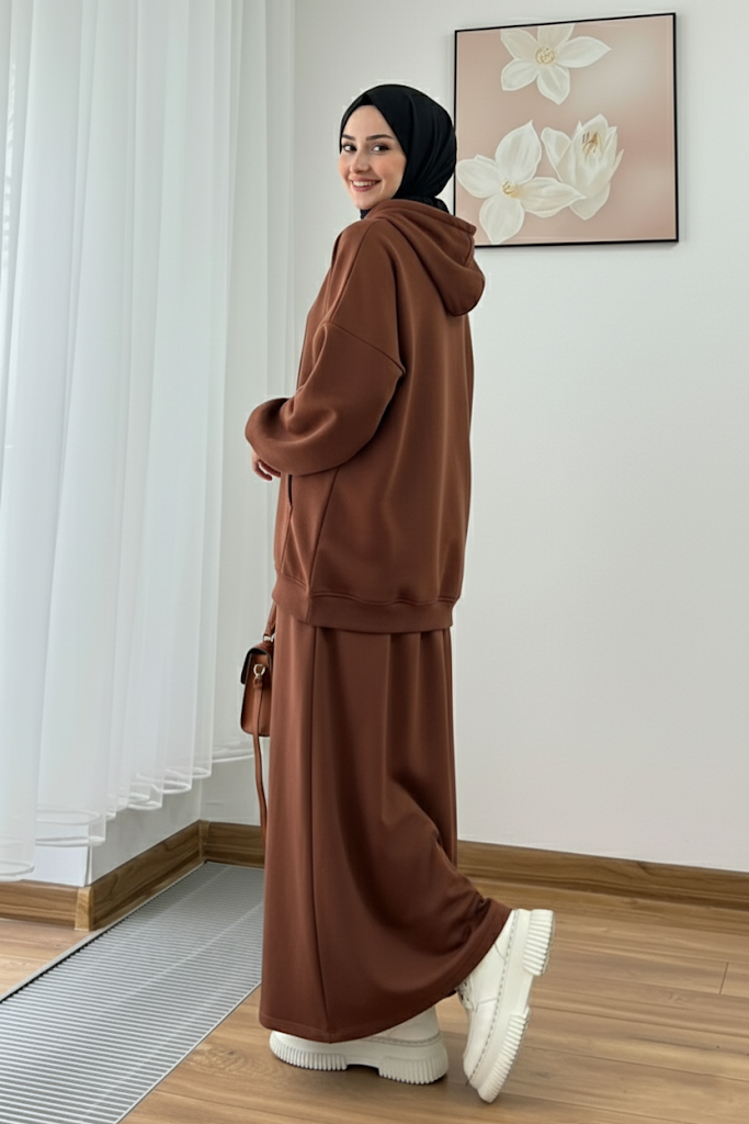 Warm Fleece Hoodie & Long Dress Set – Coffee