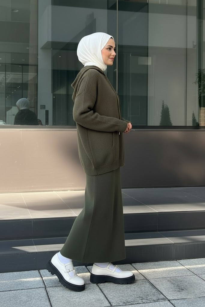 Cozy Rib-Knit Hoodie & Long Dress Set – Olive