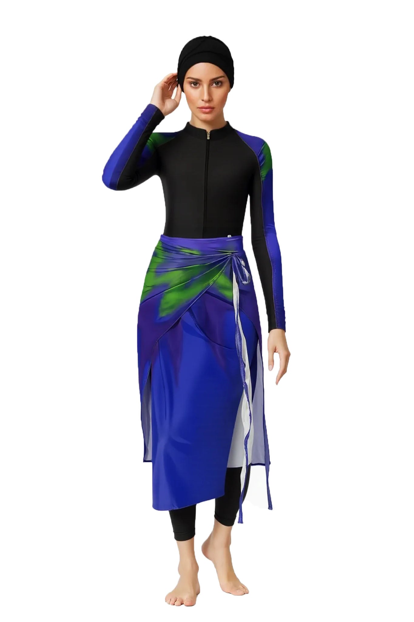 Solara Modest Burkini 3-Piece Full Coverage Swim Set - Tropical Leaf & Midnight Blue