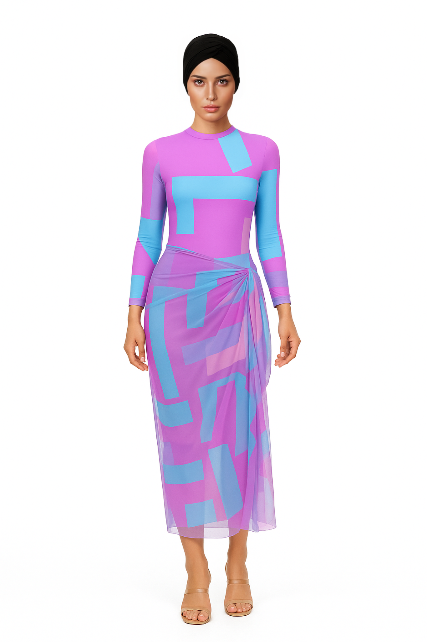 Aziza Modest Burkini 3-Piece Full Coverage Swim Set - Blue Pink Panel