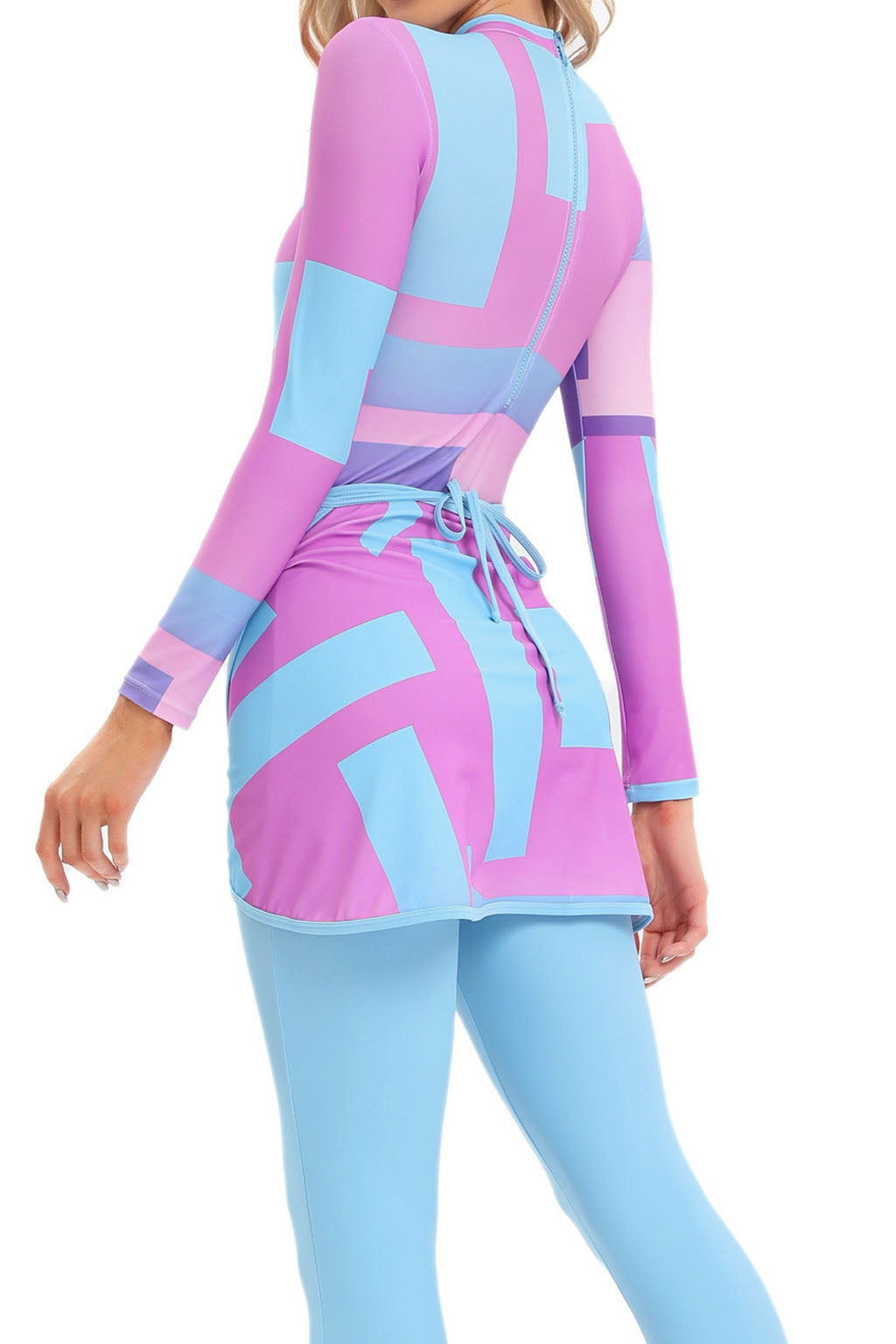 Aziza Modest Burkini 3-Piece Full Coverage Swim Set - Blue Pink Panel