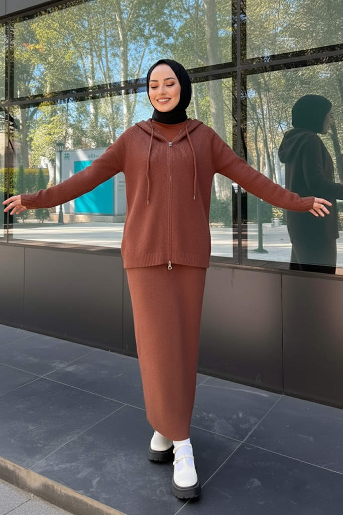 Cozy Rib-Knit Hoodie & Long Dress Set — Rust Brown