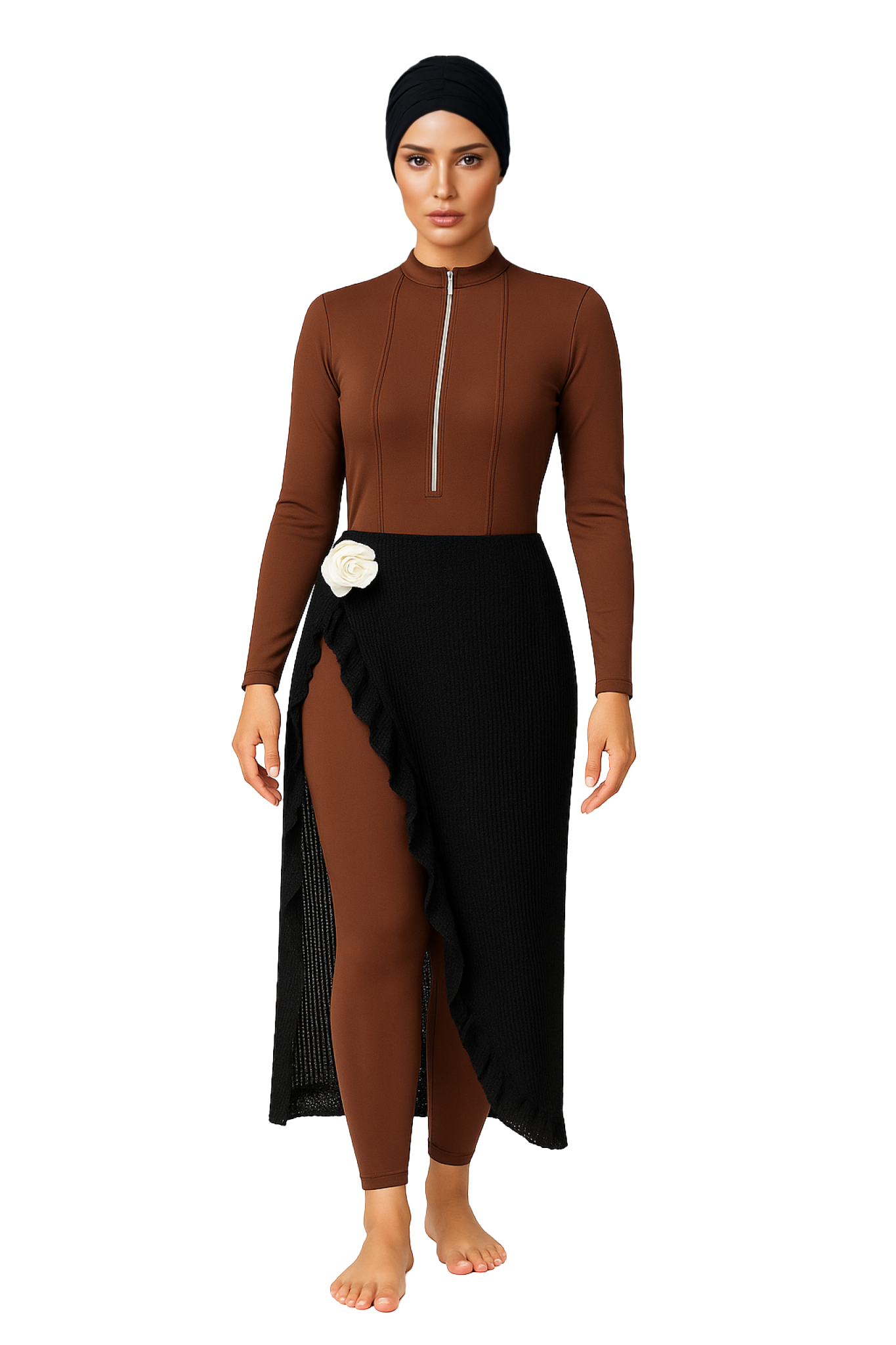 Yasmin Modest Burkini 3-Piece Full Coverage Swim Set - Cocoa Brown & Black