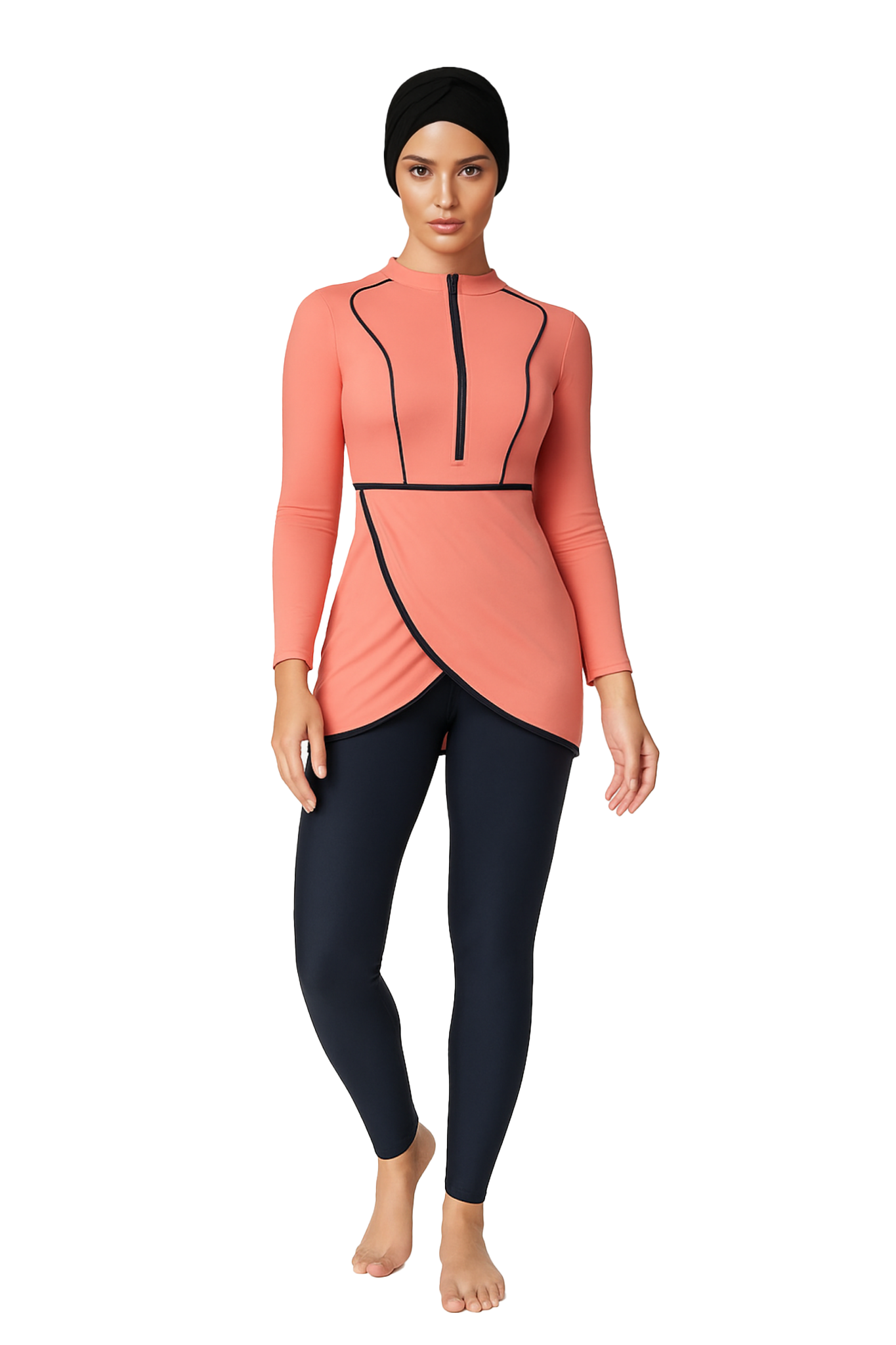 Zehra Modest Burkini 3-Piece Full Coverage Swim Set– Coral Pink & Navy