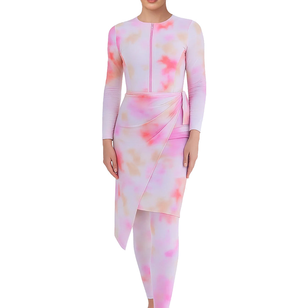 Jawhara Modest Burkini 3-Piece Full Coverage Swim Set - Pink Tie-Dye