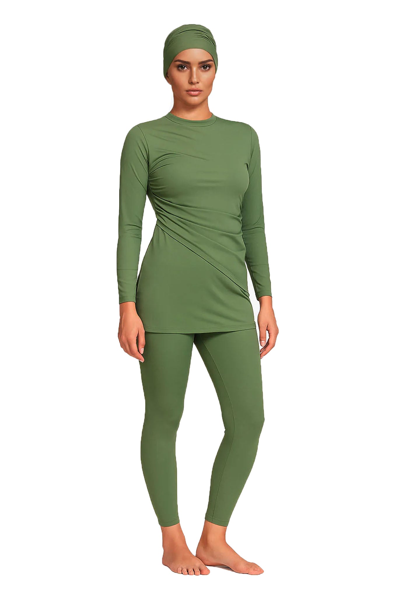 Lina Modest Burkini 3-Piece Elegant Ruched Design Swim Set – Olive Green