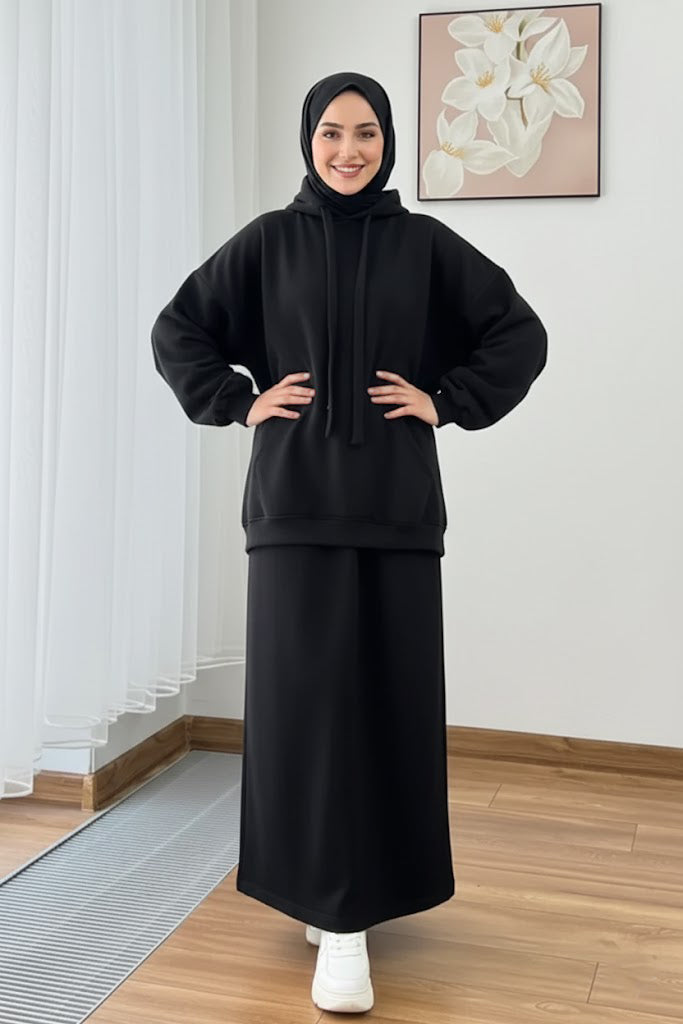 Warm Fleece Hoodie & Long Dress Set – Black