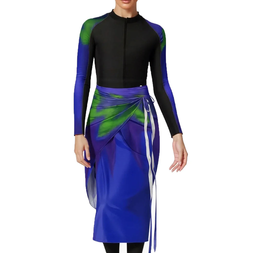 Solara Modest Burkini 3-Piece Full Coverage Swim Set - Tropical Leaf & Midnight Blue