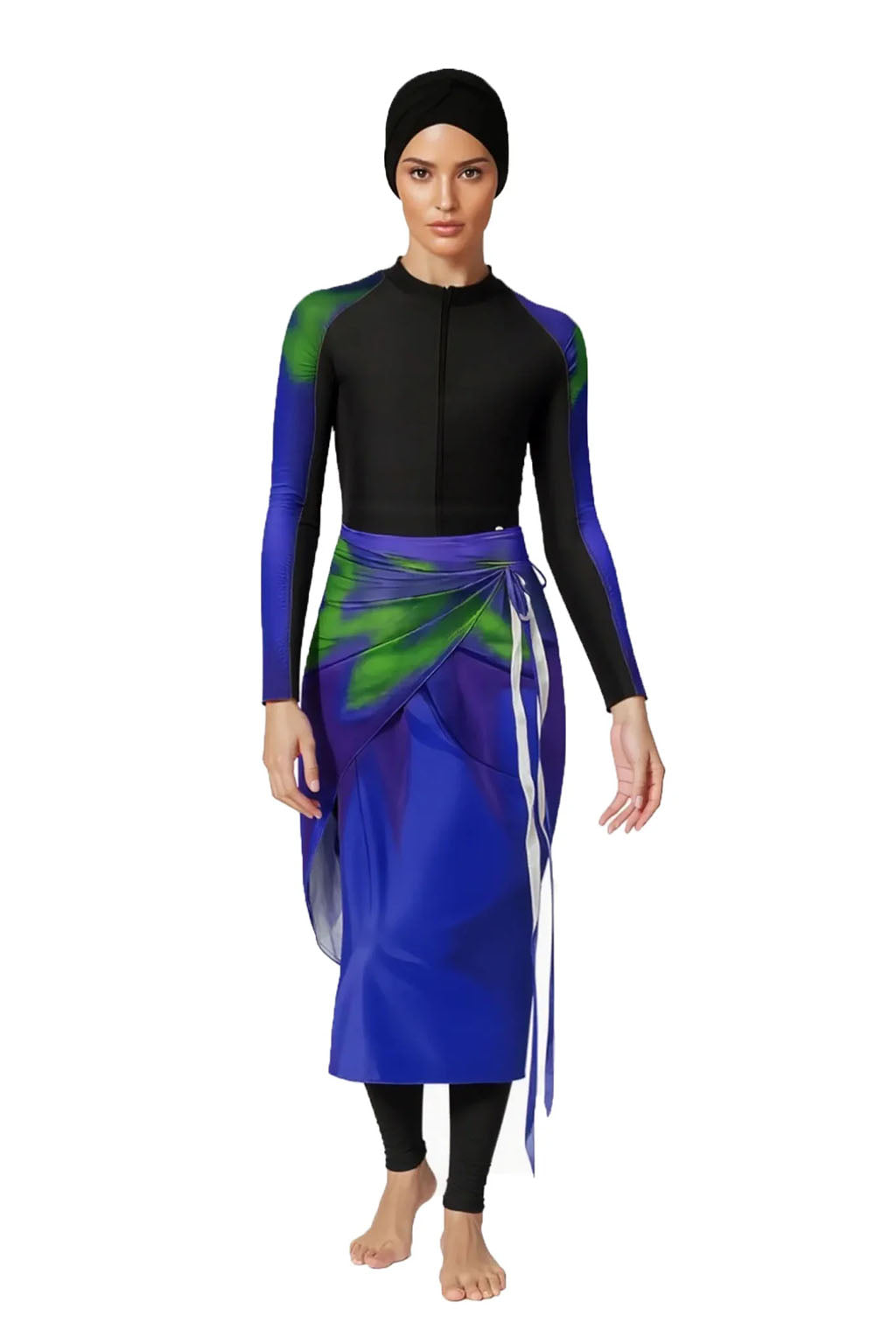 Solara Modest Burkini 3-Piece Full Coverage Swim Set - Tropical Leaf & Midnight Blue