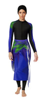 Solara Modest Burkini 3-Piece Full Coverage Swim Set - Tropical Leaf & Midnight Blue