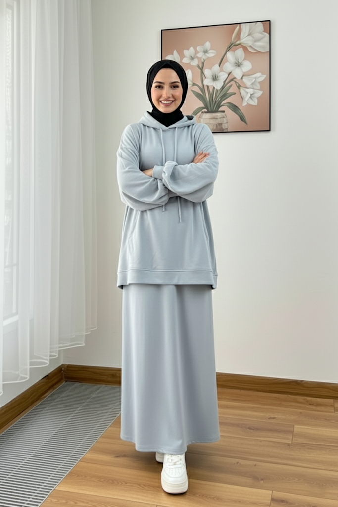 Warm Fleece Hoodie & Long Dress Set – Mist Blue