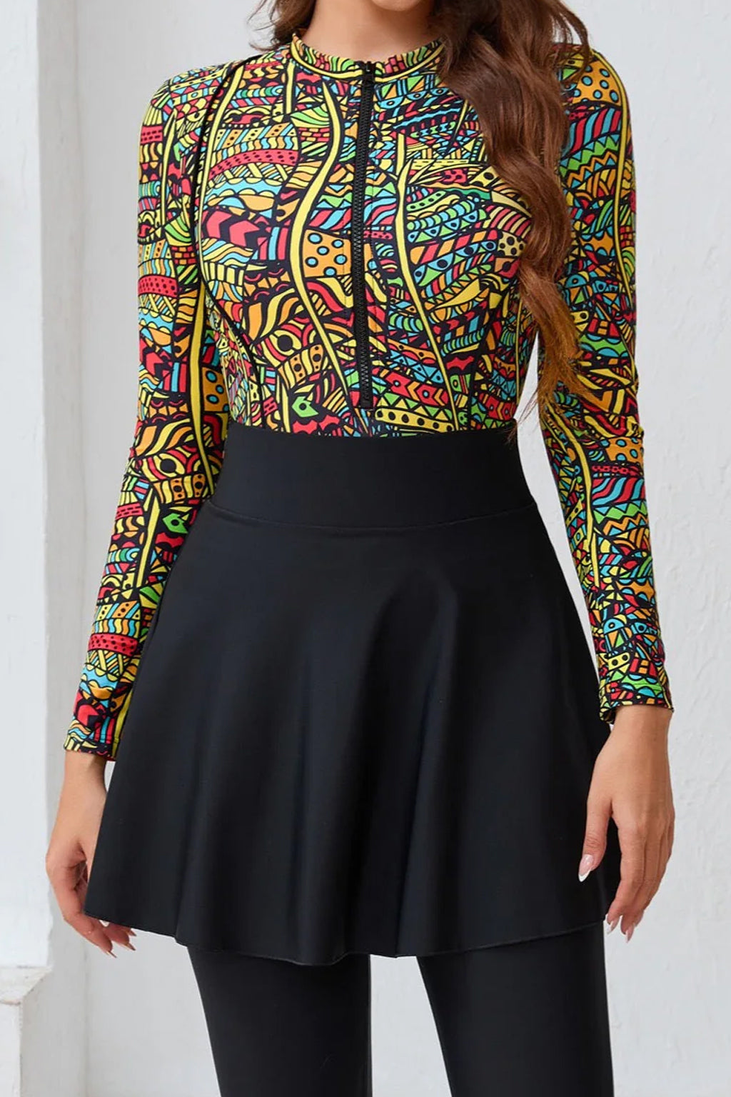 Layla Modest Burkini 3-Piece Full Coverage Swim Set - Tropical Mosaic Top