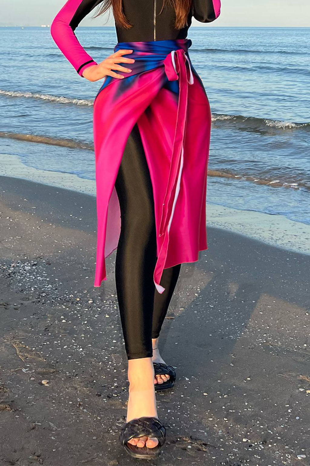 Solara Modest Burkini 3-Piece Full Coverage Swim Set - Midnight Pink Wave